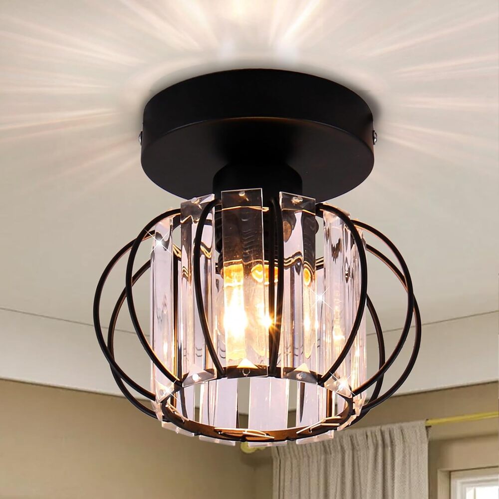 Modern Crystal Semi Flush Mount Ceiling Light Black E26 Fixture for Hallway New